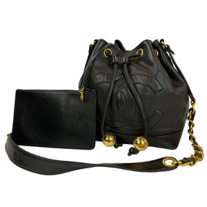 CHANEL Drawstring Shoulder Bag Black Coco Mark Lambskin